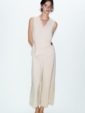 Zara Sleeveless V-Neck Wide-Leg Jumpsuit in Light Beige